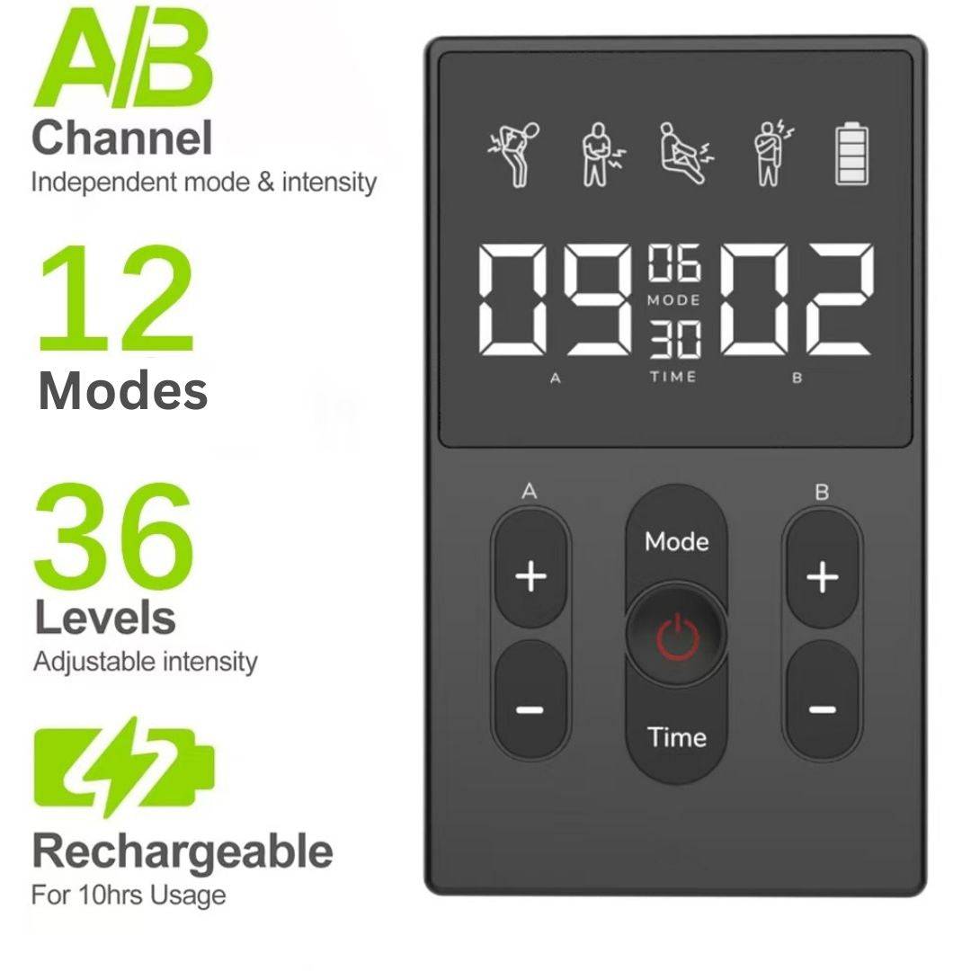 TENS Massager features 12 modes and 36 intensity levels