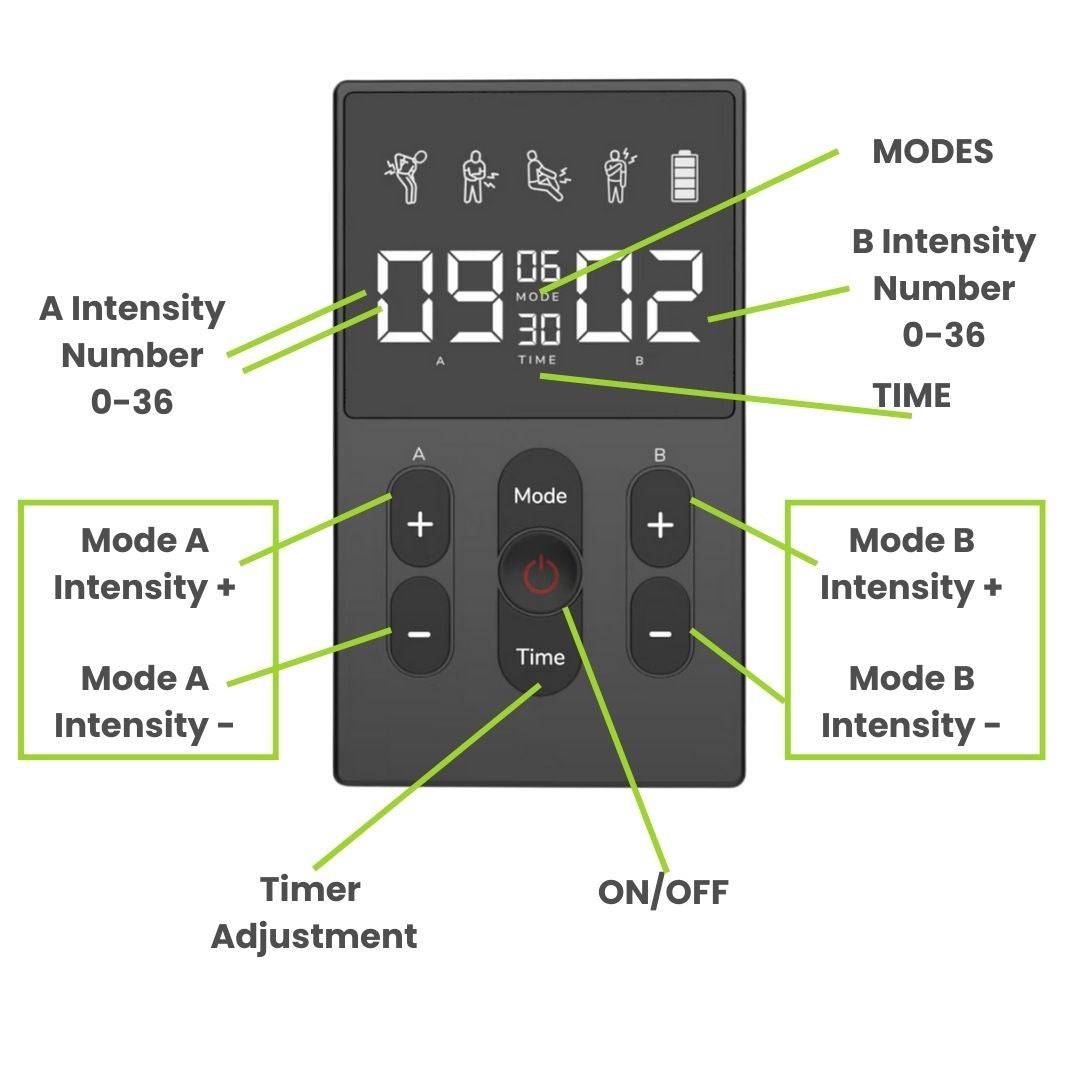 TENS Massager control panel and settings